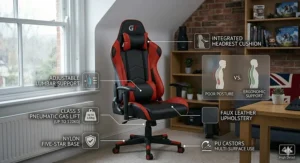 A side-by-side photorealistic comparison between a racing-style gaming chair and a standard black mesh office chair, featuring functional callouts.