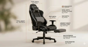 A technical diagram of the GT-FORCE gaming chair on a clean background, showing total height, seat width, and footrest extension measurements in centimetres. Includes a British Standard Compliant icon.