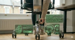 Illustration of a Class 4 gas lift mechanism being used to adjust a gaming chair to the correct desk height for optimal back health.