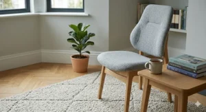A grey fabric ergonomic chair styled as a comfortable reading seat in a cosy, Scandi-inspired British living room.