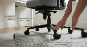 A detailed technical close-up of a sturdy heavy-duty five-star base and multi-surface castors on a fabric gaming chair, suitable for carpets and hardwood floors.