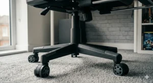 Low-angle shot of the heavy-duty nylon five-star base and smooth-rolling castors of a gaming chair, designed for stability on carpeted surfaces.