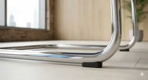 Profile shot of the heavy-duty black steel frame and floor protectors on a set of 4 stackable chairs.