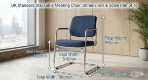 Diagram showing the width and height of a standard UK meeting room chair from a set of 4.