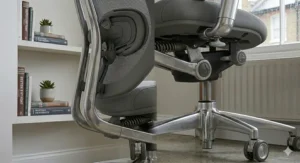 Detailed perspective of the reinforced seat chassis and precision-machined aluminium components of an ergonomic chair.