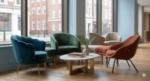 A collection of various colourful visitor chairs and modular seating arranged in a light-filled reception area, perfect for client waiting.