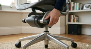 High-quality dual-wheel castors on a polished aluminium base, providing smooth mobility on a rug in a UK home office.