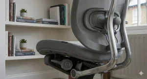 Close-up of the vertically adjustable lumbar support system and spine-alignment mechanism on a grey mesh backrest.