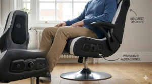 A faux-leather pedestal gaming chair for PS5 with built-in headrest speakers and subwoofer.