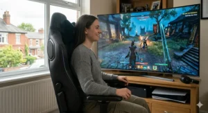 A pedestal gaming chair with speakers positioned in front of a large television in a contemporary British living room.