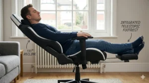 A reclining gaming chair for PS5 with an integrated pull-out footrest for maximum comfort.