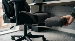 A photorealistic close-up detail shot focusing on the retractable padded footrest of the GT-FORCE gaming chair as a hand extends the mechanism. The textured grey fabric of the footrest contrasts with the metal guide rails. Natural daylight from the window illuminates the scene.