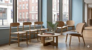 A collection of minimalist light oak wooden visitor chairs with fabric seat pads, creating a calm and professional waiting room atmosphere.