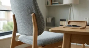 Rear view of a grey fabric ergonomic chair positioned at a modern oak desk in a bright British home office.