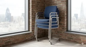 Close-up of 4 office chairs stacked vertically to demonstrate space-saving storage for UK community centres.