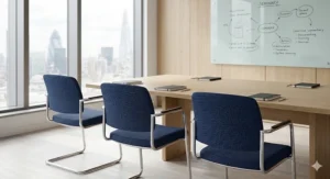 Row of stackable meeting chairs set up in a UK university training room for seminar seating.