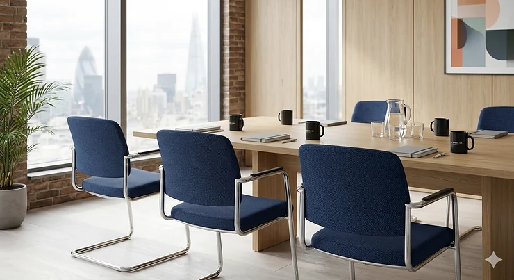 A set of 4 stackable meeting room chairs in navy blue fabric with chrome frames, ideal for UK office boardrooms. stackable meeting room chairs uk set of 4