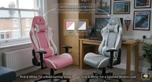 Detailed illustration of a heavy-duty nylon five-star base and pneumatic gas lift on a gaming chair designed for long-term durability.