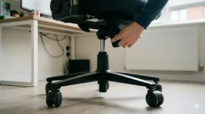 Low-angle shot highlighting the sturdy five-star base and gas lift mechanism of an affordable gaming chair.