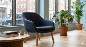 A comfortable dark blue tub chair placed by a window in a professional office reception area, featuring natural light and a view of a London street.