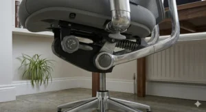 Close-up of the dynamic lumbar pad and flexible support frame designed for long-term comfort in a UK home office.