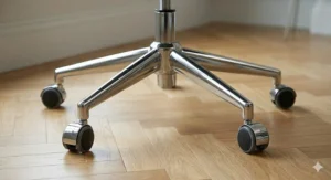 Polished chrome five-star swivel base and smooth-gliding castors of a grey fabric ergonomic office chair.