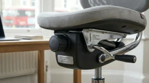 Illustration of a synchro-tilt mechanism allowing the chair to recline naturally, supporting the spine's alignment in a UK home office.