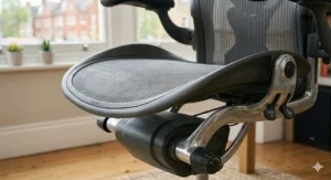 The waterfall seat edge design of a mesh chair, engineered to improve circulation and comfort during long hours at a desk.