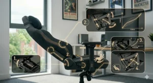 A gaming chair in a reclined position, showing the multi-link hinge mechanism and tension control.