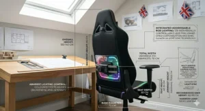 Close-up of 4D adjustable armrests on a professional-grade RGB gaming chair for improved posture.