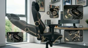 Technical diagram showing 4D armrest movement for optimal wrist and elbow positioning while PC gaming.