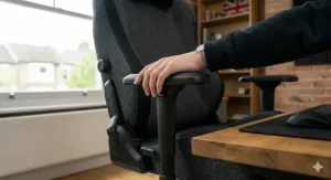 Detail of the adjustable armrest on a gaming chair with a hand operating the height and tilt control lever.