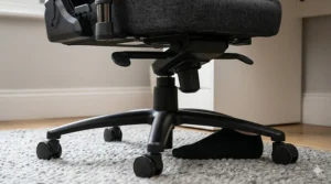 Close-up of a gaming chair gas lift mechanism showing the lowest seat height setting to ensure a shorter user's feet remain flat on the floor.
