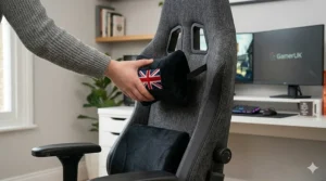 Detail of an adjustable lumbar support cushion and neck pillow featuring a Union Jack, positioned to fit the natural spinal curve of a shorter user.