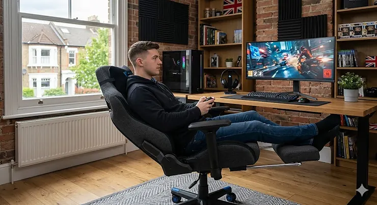 A professional gamer using a fully reclining gaming chair in a modern UK home office with a sash window and radiator. fully reclining gaming chair