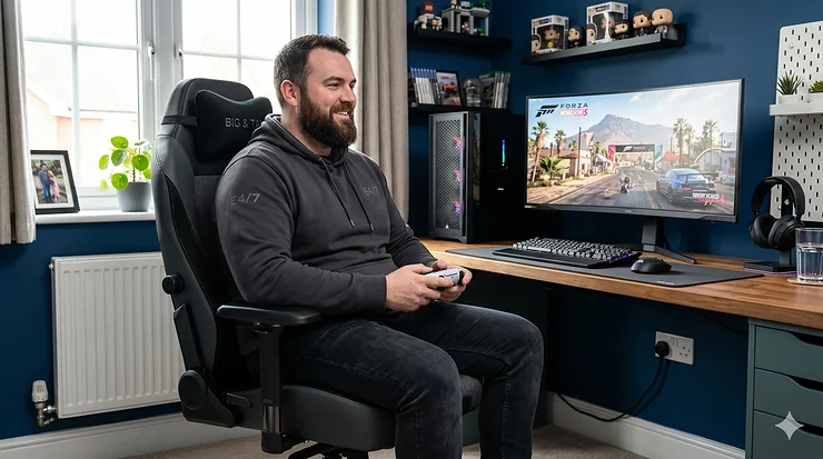 A professional gamer sitting comfortably in a high-back ergonomic gaming chair for big and tall people. gaming chair for big and tall