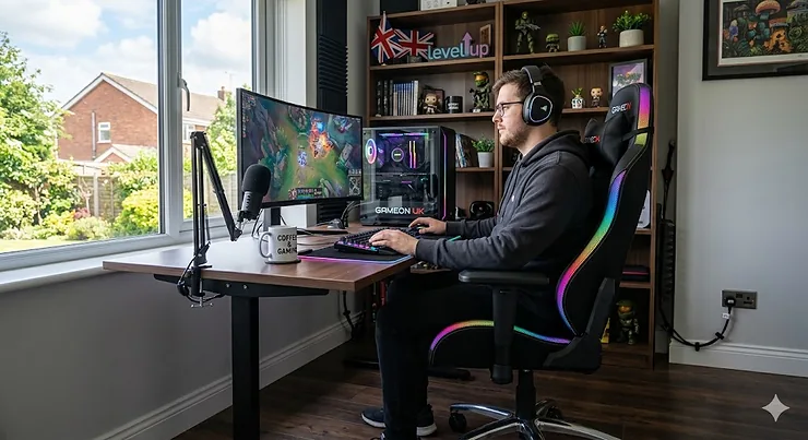 Ergonomic RGB gaming chair with multi-colour LED lighting strips in a modern UK home office setup. RGB gaming chair