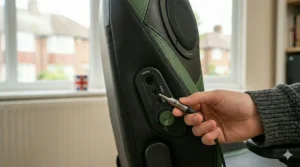 A photorealistic 4K image showing a detailed close-up of a hand connecting an audio cable to the control panel of the specific black and green Xbox gaming chair in natural UK daylight.