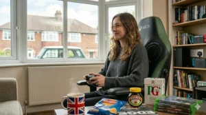 A photorealistic 4K image showing a young woman in a specific green and black Xbox gaming chair, surrounded by UK-specific products, in a sunlit British living room setup.