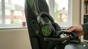 A photorealistic 4K image showing a detailed close-up of a specific green and black Xbox gaming chair with an official headset and controller, in a sunlit UK living room.