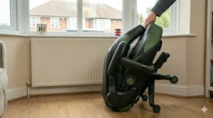 A photorealistic 4K image showing a black and green Xbox gaming chair fully folded and being easily stored by a hand in a sunlit UK living room.