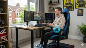 A stylish blue and black gaming chair with massage points and 4D armrests for professional-grade ergonomics.