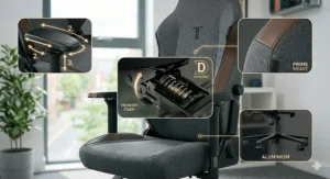 Detailed view of breathable grey fabric upholstery and premium stitching on a durable £500 gaming chair.