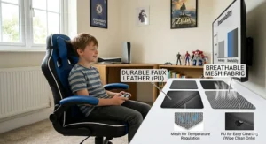 A comparison of materials used in a gaming chair for kids, highlighting breathable mesh and wipe-clean faux leather options.