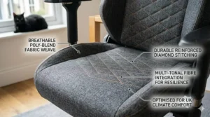 Close-up of breathable grey fabric upholstery on a gaming chair, ideal for comfort in a heated UK home office.