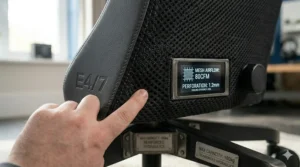 Detailed view of breathable mesh fabric on a gaming chair to improve airflow and comfort for larger body types.