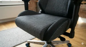 Detailed shot of the breathable dark grey fabric upholstery and intricate blue decorative stitching on the seat.