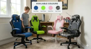 A variety of colour options for a gaming chair for kids, including bright neon, pastel pink, and camouflage patterns.