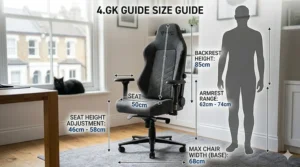 A dimension guide for a compact gaming chair suitable for smaller UK bedrooms or home office nooks.