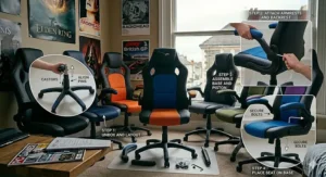 Diagram showing the simple three-step assembly process for a teen gaming chair with included tools.